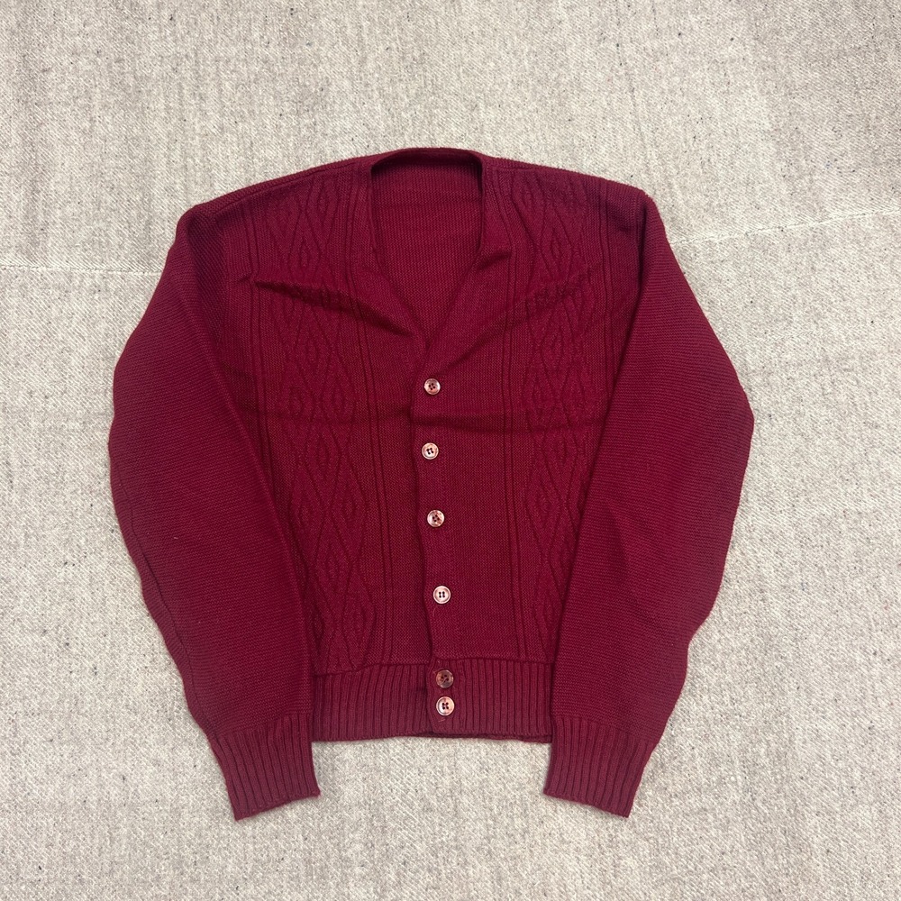 Vintage 1960s Cardigan Mens Medium Red Argyle Chunky Ribbed
